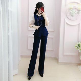 Set: Mock Two-piece Blouse + Wide-leg Pants