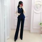 Set: Mock Two-piece Blouse + Wide-leg Pants