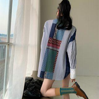 Pattern Paneled Denim Long-sleeve Shirt Multicolor - One Size