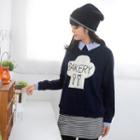 Striped Collar Appliqu  Pullover Navy Blue - One Size