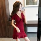 V-neck Short-sleeve Ruffled Hem Mini A-line Dress