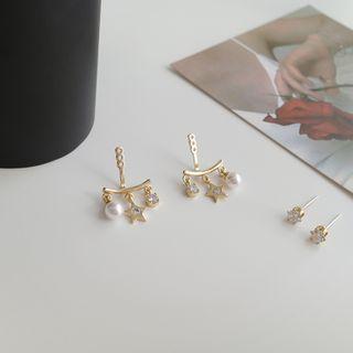 Rhinestone Star Faux Pearl Swing Earring 1 Pair - S925 Silver - Faux Pearl - Gold - One Size