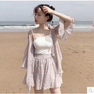 Set : Floral Print Light Jacket + Shorts + Spaghetti Strap Top
