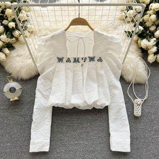 Tie-neck Embroidered Cropped Blouse