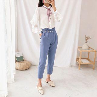 Set: Ruffled Blouse + Cropped Straight-leg Pants