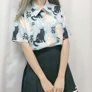 Short-sleeve Cat Print Shirt Light Blue - One Size