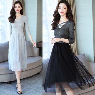 3/4-sleeve Knit Paneled Pleated Mesh A-line Midi Dress