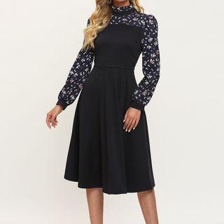 Mock Two-piece Long-sleeve Floral Print Mock-neck Midi A-line Dress