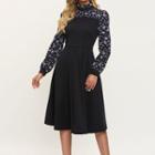 Mock Two-piece Long-sleeve Floral Print Mock-neck Midi A-line Dress