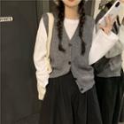 Long-sleeve T-shirt / Button-up Knit Vest / Midi A-line Skirt