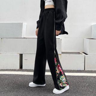 Flower Print Panel Straight-cut Pants