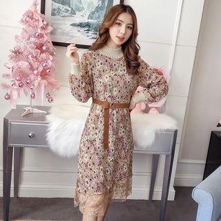 Lace Panel Floral Print Chiffon Dress