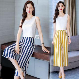 Set: Sleeveless Bow Back Blouse + Striped Gaucho Pants