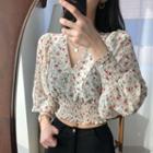 Long Sleeve V Neck Shirred Chiffon Floral Top Floral - One Size