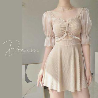 Puff-sleeve Ruffle Trim Cutout Swimdress