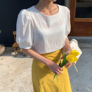 Puff-sleeve Eyelet-lace Top Ivory - One Size