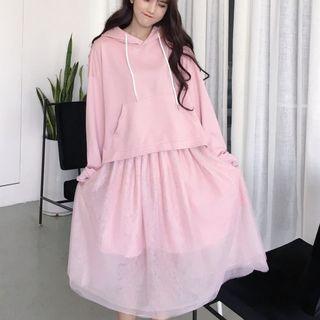 Drawstring Hoodie / Mesh Midi A-line Skirt