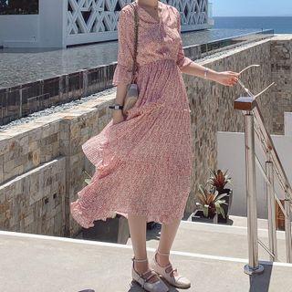 Elbow-sleeve Floral Print Midi A-line Layered Dress