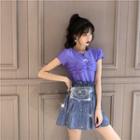 Short-sleeve Moon Embroidery Top / Pleated Mini Skirt