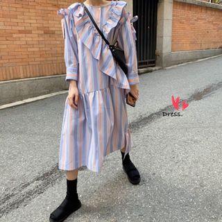 Long-sleeve Striped Frill Trim Dress As Shown In Figure - One Size