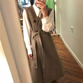 Chiffon Shirt / Houndstooth Maxi Pinafore Dress