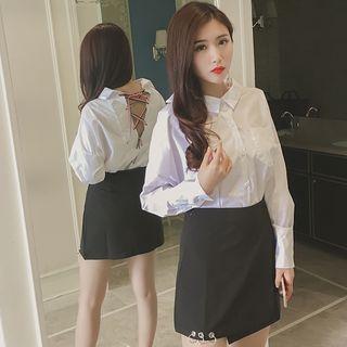 Lace Up Back Long-sleeve Blouse
