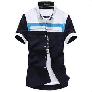 Short-sleeve Pintuck Color-block Shirt