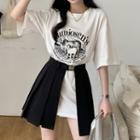 Short-sleeve Lettering Mini T-shirt Dress / Front-slit Mini A-line Skirt