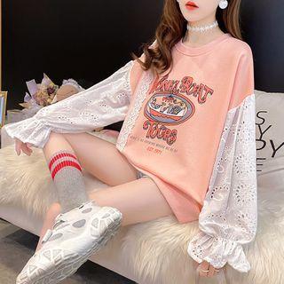 Eyelet Panel Printed Bell-sleeve Pullover