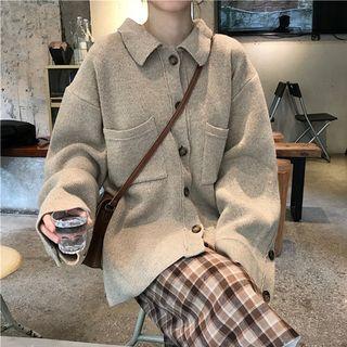 Collared Knit Jacket Khaki - One Size
