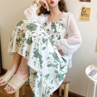 Lace Trim Open Front Jacket / Flower Print Sleeveless Midi A-line Dress