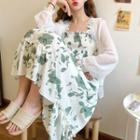 Lace Trim Open Front Jacket / Flower Print Sleeveless Midi A-line Dress