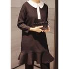 Contrast-collar Ruffle-hem Shift Dress