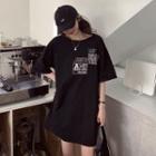 Lettering Elbow-sleeve Mini T-shirt Dress Black - One Size