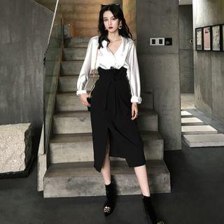 Long-sleeve Satin Shirt / Midi A-line Skirt