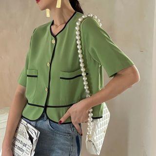 Short-sleeve Button-up Contrast Trim Top