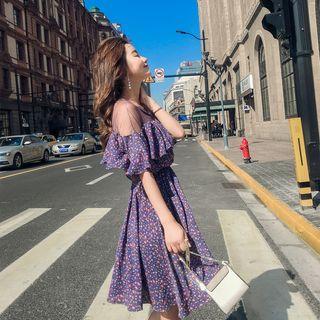 Floral Off Shoulder Short-sleeve Chiffon Dress