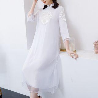 Long-sleeve Embroidery Mesh Overlay Midi Dress