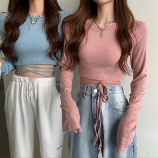 Lace-up Long Sleeve Cropped T-shirt