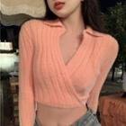 Letter Embroidered Furry Knit Wrap Crop Top Pink - One Size