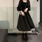 Long-sleeve Plain Midi A-line Dress Black - One Size