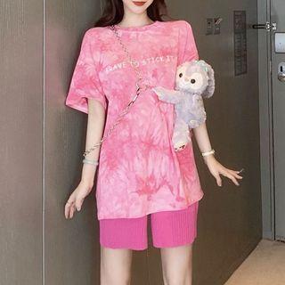 Elbow-sleeve Tie Dye Letter T-shirt / Knit Shorts