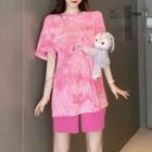 Elbow-sleeve Tie Dye Letter T-shirt / Knit Shorts