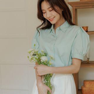 Pastel Puff-sleeve Cotton Blouse