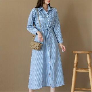 Flap-pocket Stripe Maxi Shirtdress
