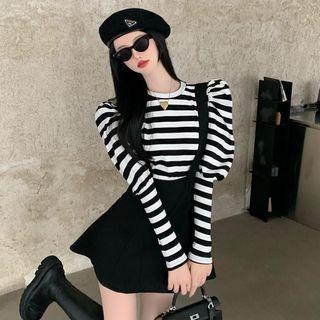 Puff-sleeve Striped T-shirt / Overall Dress