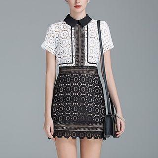 Two-tone Lace Short-sleeve Collared Dress