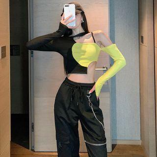 Long-sleeve Asymmetrical Two-tone Top / High Waist Wide Leg Pants