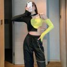 Long-sleeve Asymmetrical Two-tone Top / High Waist Wide Leg Pants