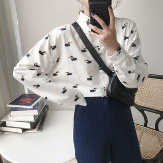 Long Sleeve Dog Printed Shirt White - One Size